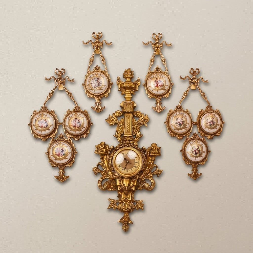 "Palace Symphony" Set – Wall Clock and Wall Medallions (Brass and Polyester)/طقم "سيمفونية القصور" - ساعة حائط مع ميداليات جدارية نحاس وبوليستر